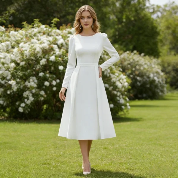 White satin long-sleeve crew neck midi-length formal dress