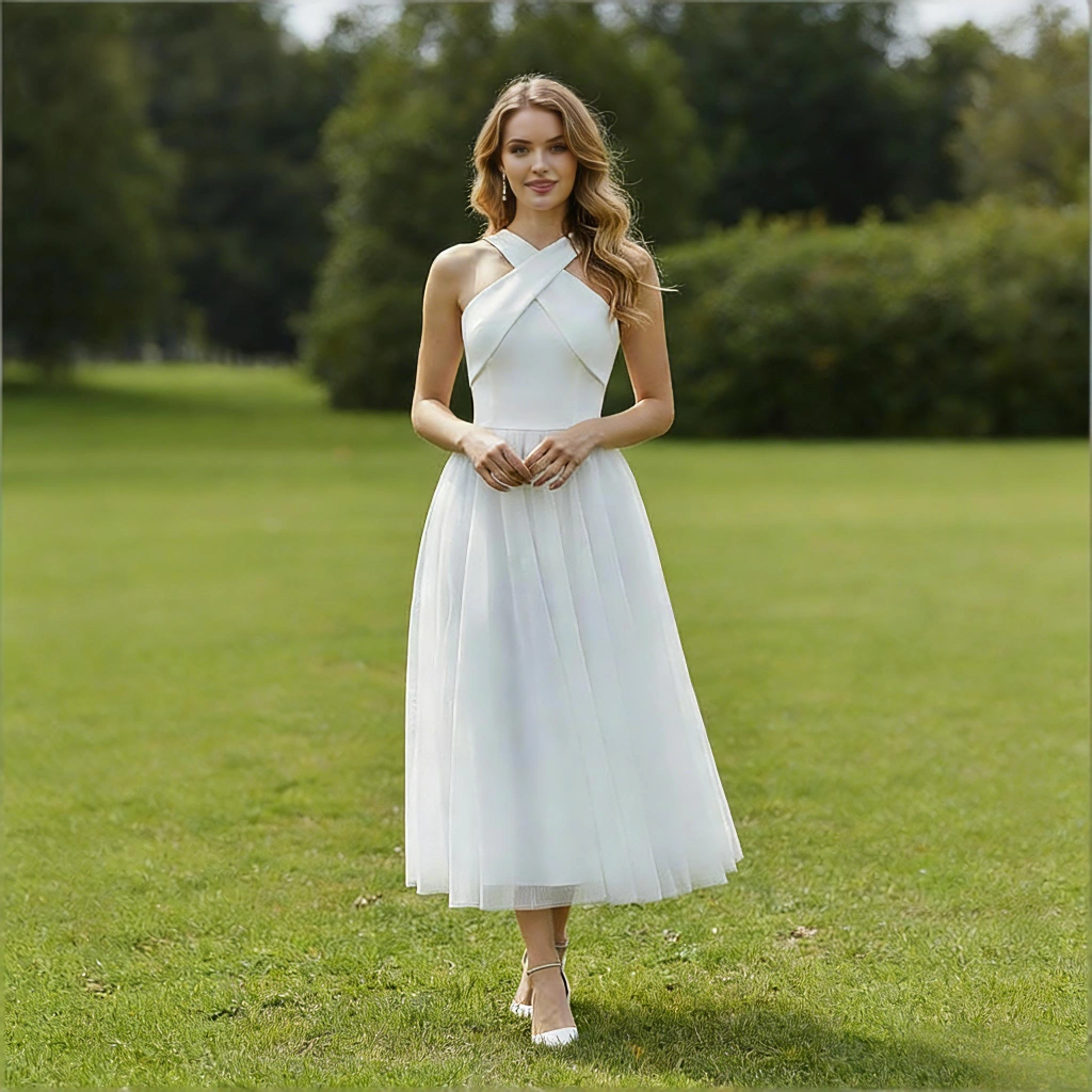 White Mesh Cross-Back Halter Neck Long-Length Evening Gown