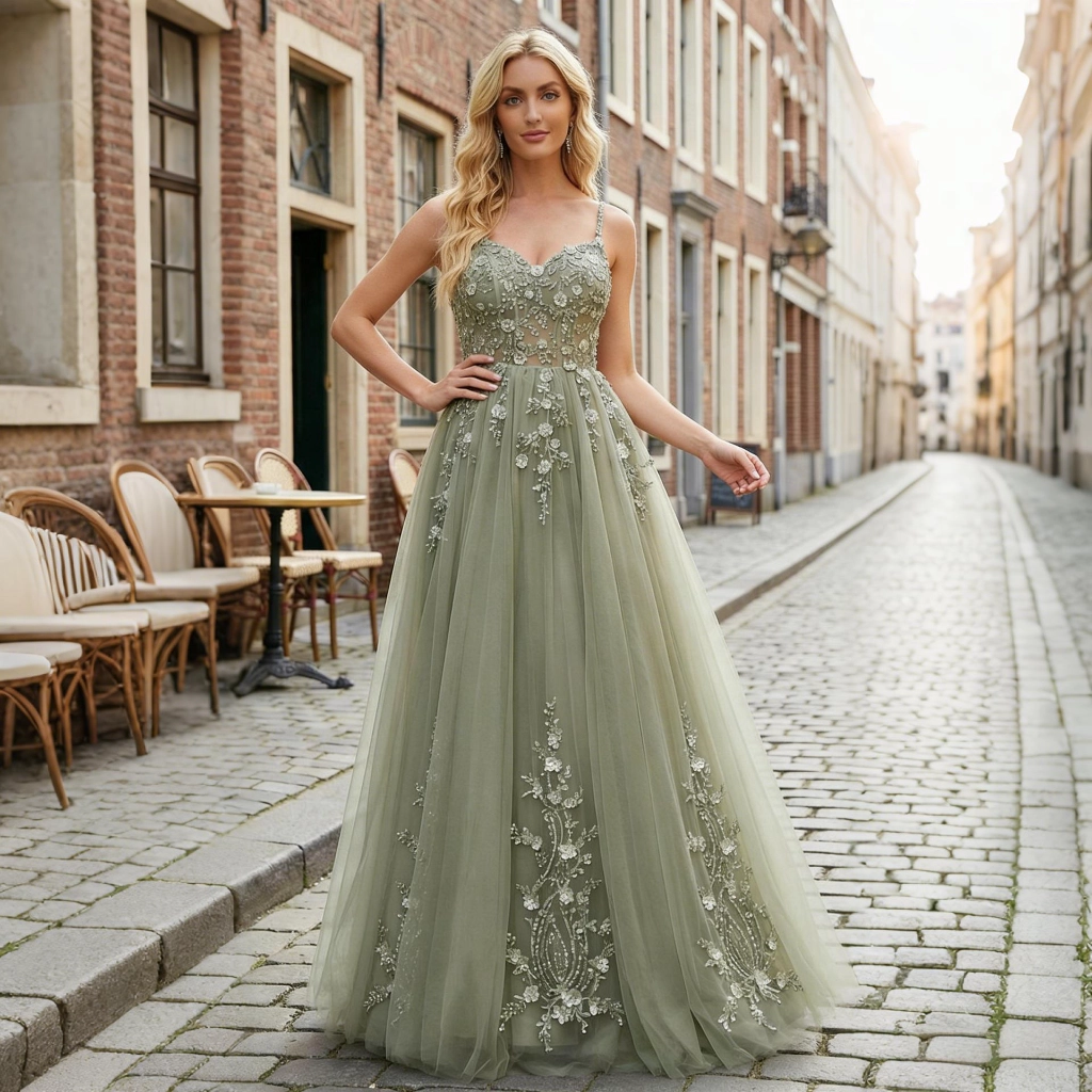 Charcoal-Green Mesh Embroidered Beaded Strapless Evening Gown