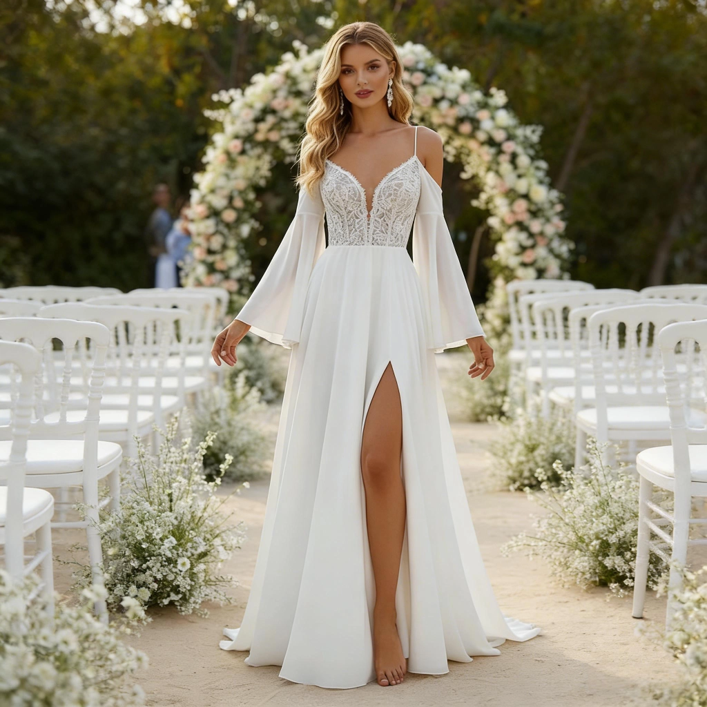 Lace halter-neck backless slit flowing wedding dress