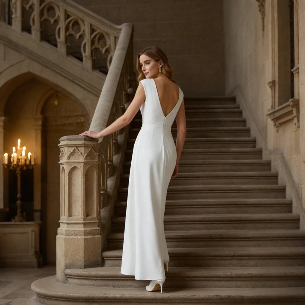 Second image of White satin sleeveless V-neck backless long evening gown