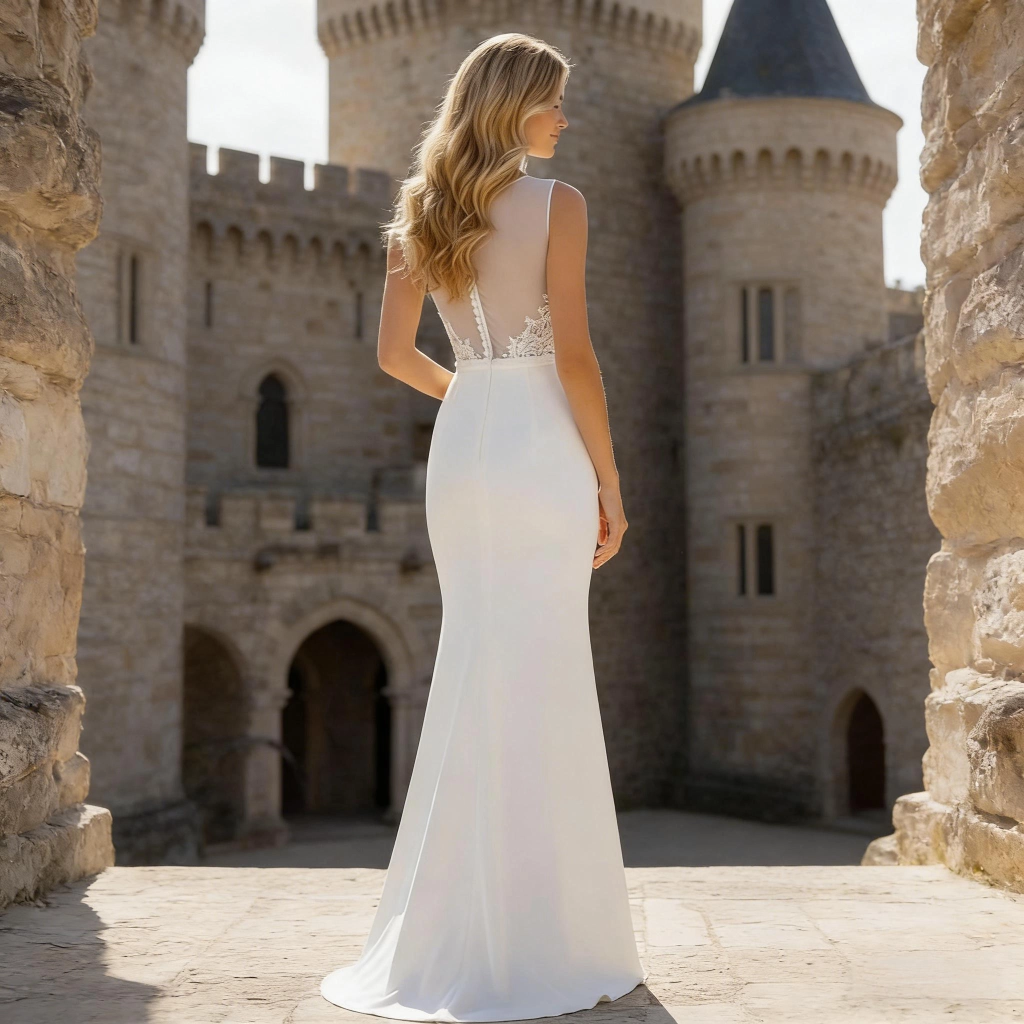 Second image of White satin sheer round-neck mermaid-style wedding dress with train