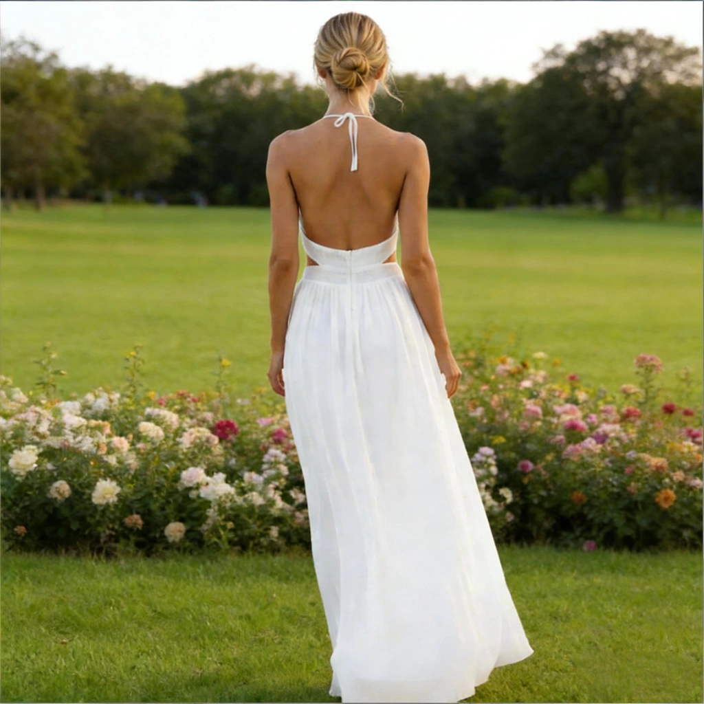 Second image of White Chiffon Halter-Neck Backless Ruffled Long Evening Gown
