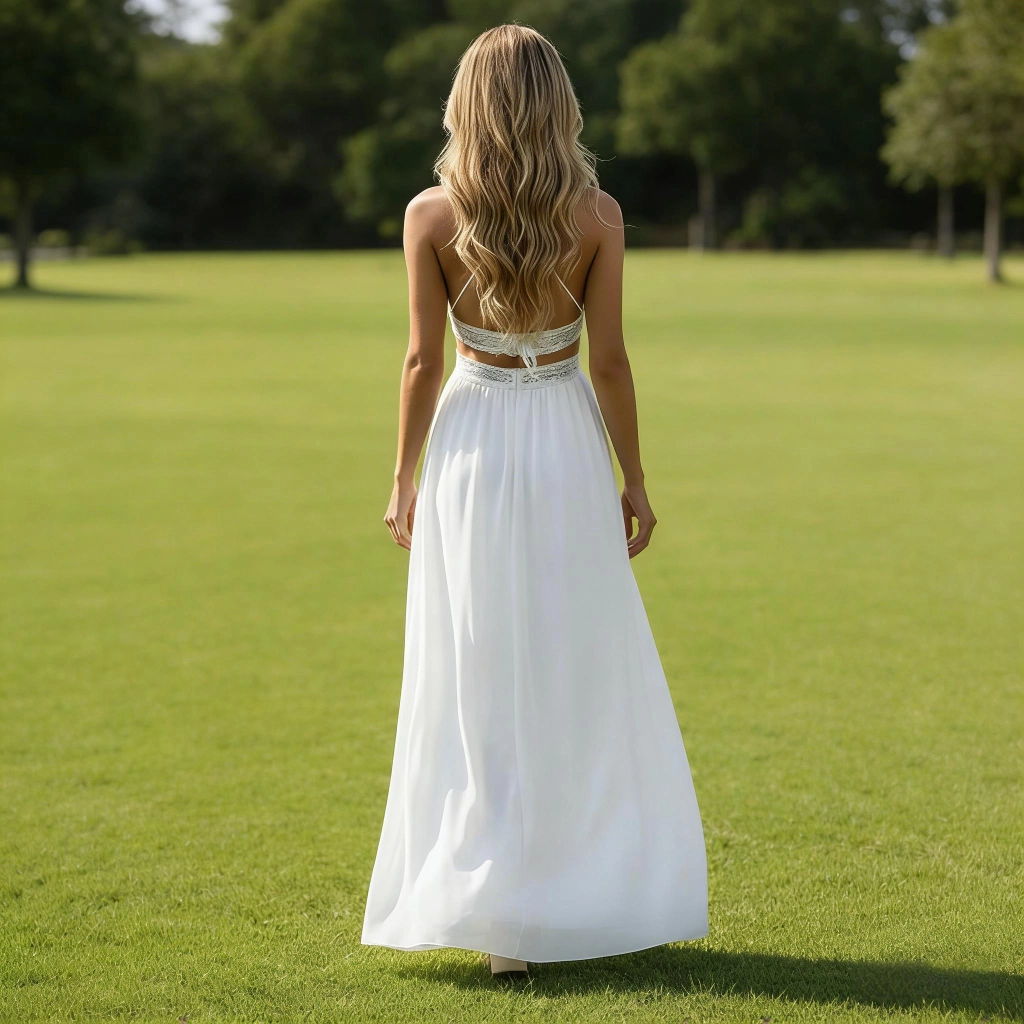 Second image of White Chiffon Halter Neck Lace Backless Long Evening Gown