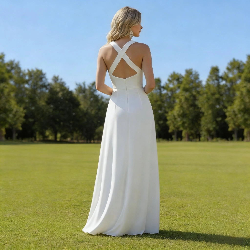 Second image of White satin crisscross halter-neck backless long evening gown