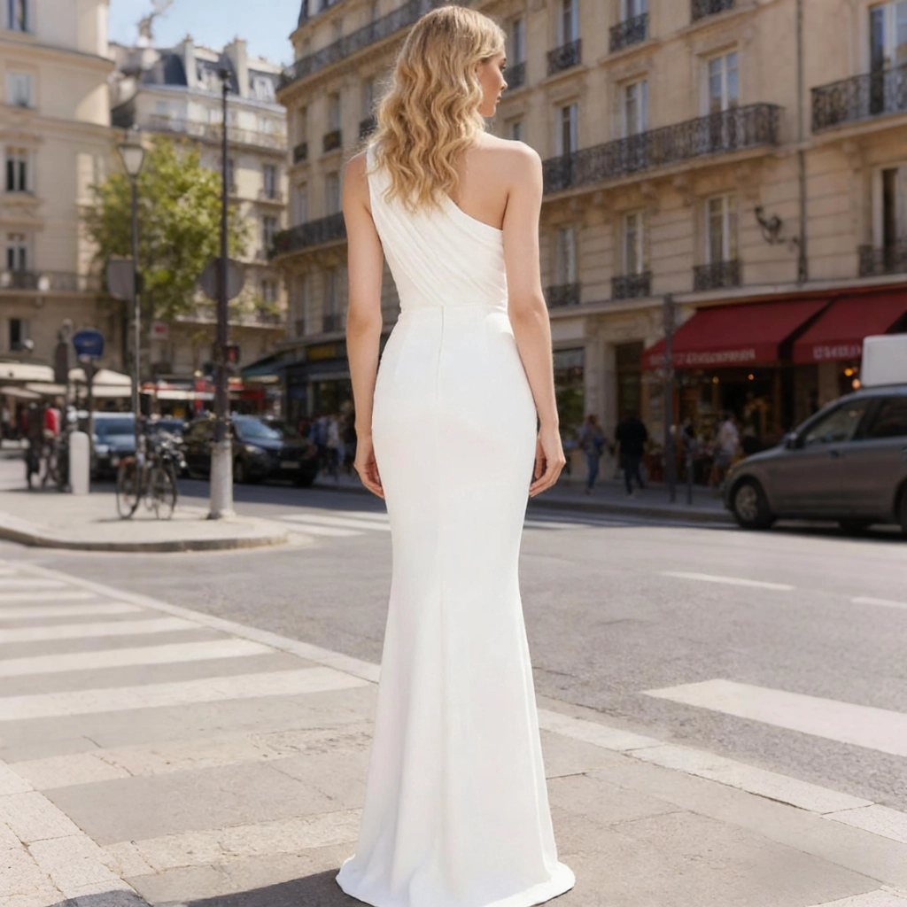 Second image of White satin one-shoulder fitted mermaid-style evening gown