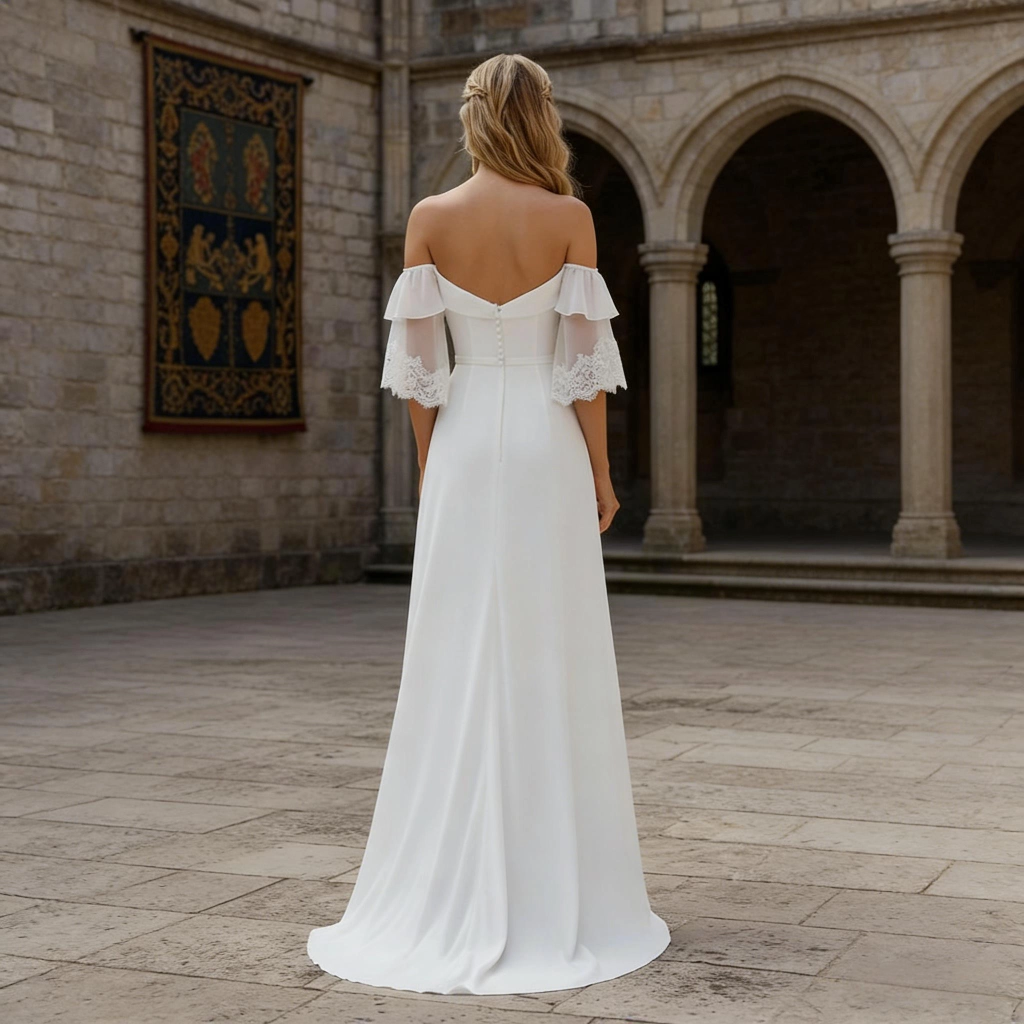 Second image of White satin strapless lace-sleeve wedding dress with train