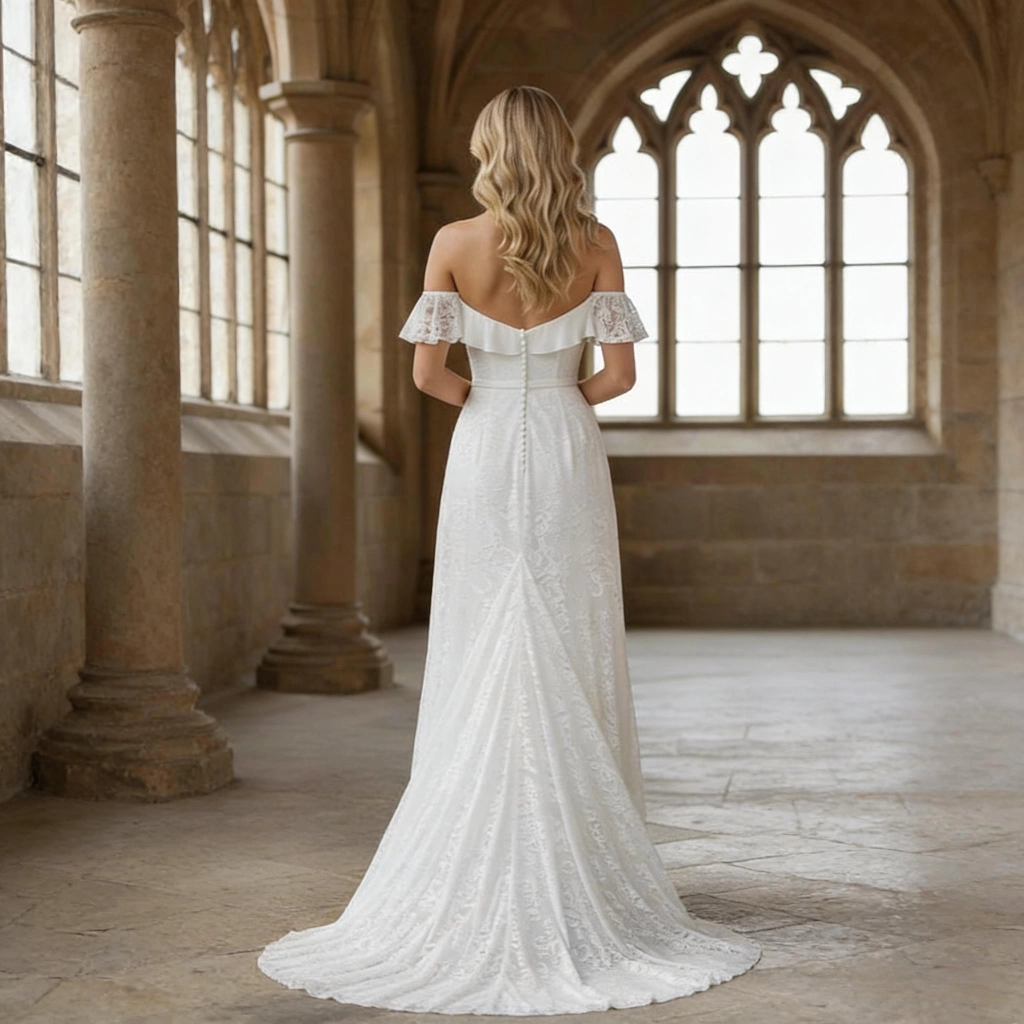 Second image of White lace strapless short-sleeved wedding dress with train