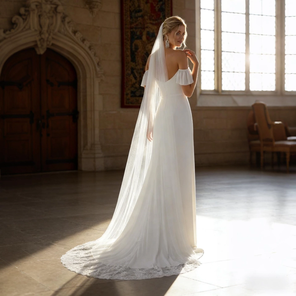 Second image of White satin strapless lace wedding dress with train