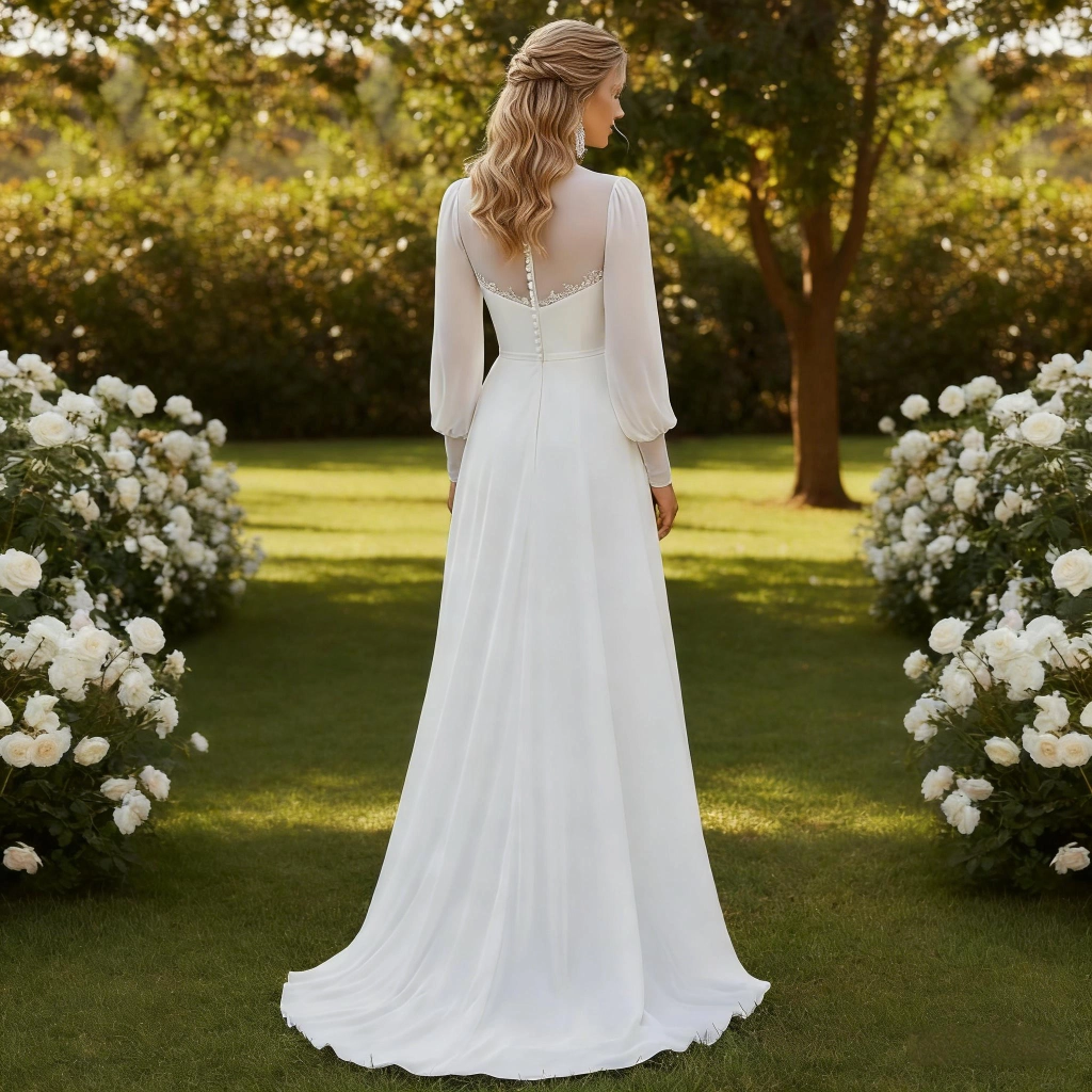 Second image of White Chiffon Sheer Neckline Long-Sleeved Ball Gown Wedding Dress