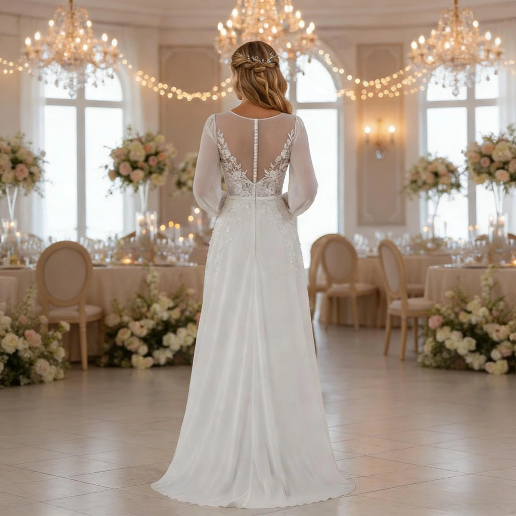 Second image of White Chiffon Lace-Trimmed Long-Sleeve Wedding Dress with Sheer Neckline and Train