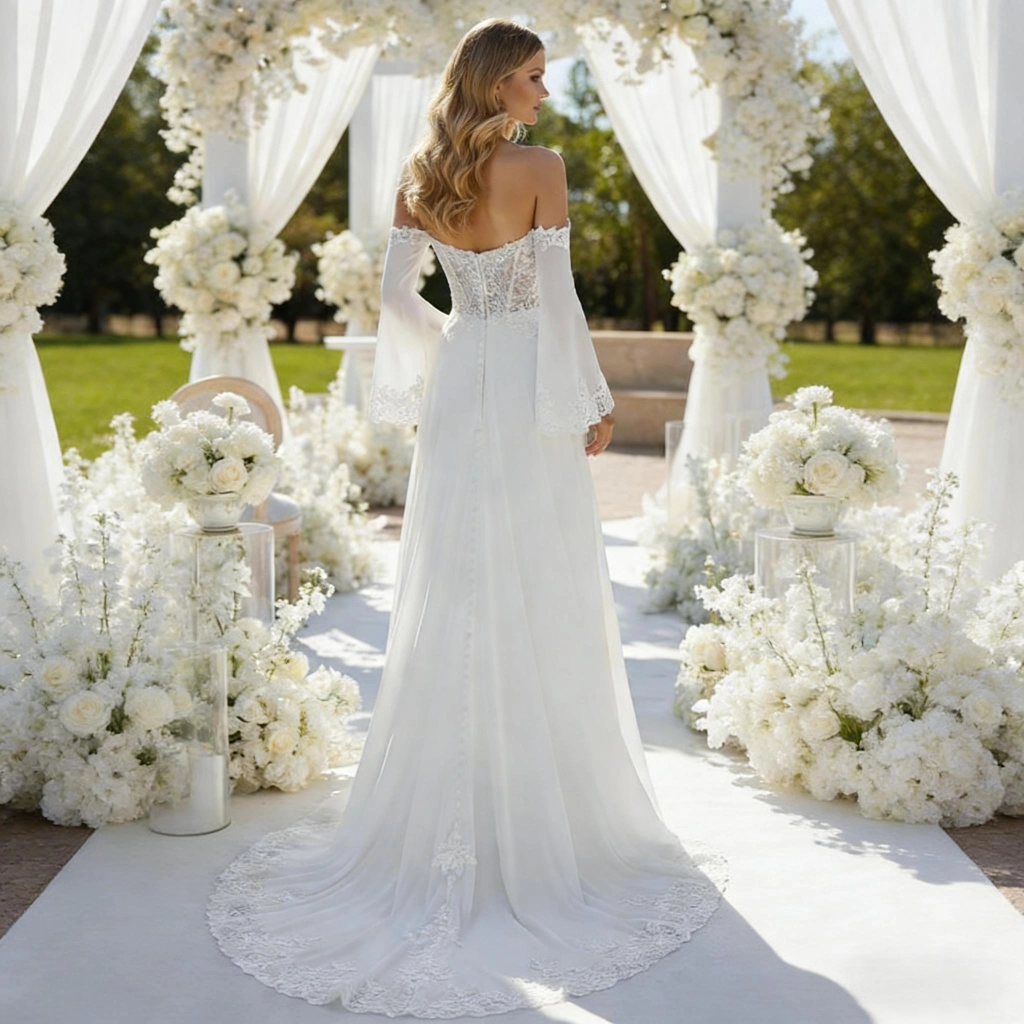 Second image of White lace strapless bell-sleeve wedding dress with train