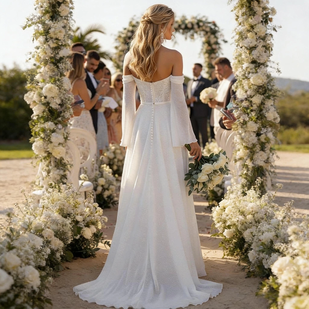 Second image of White lace strapless bell-sleeve wedding dress with train
