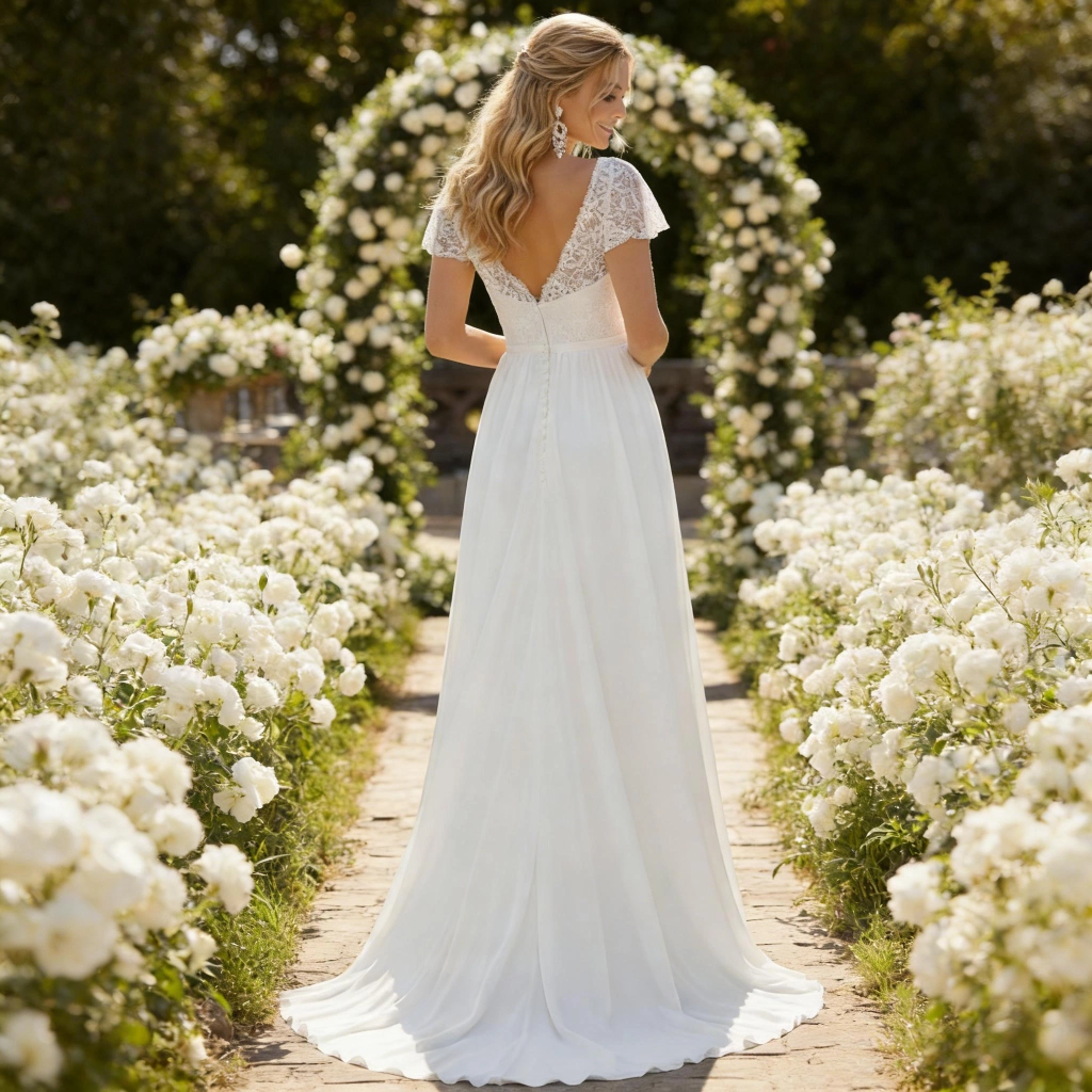 Second image of White Lace Cap-Sleeve V-Neck Train Wedding Dress