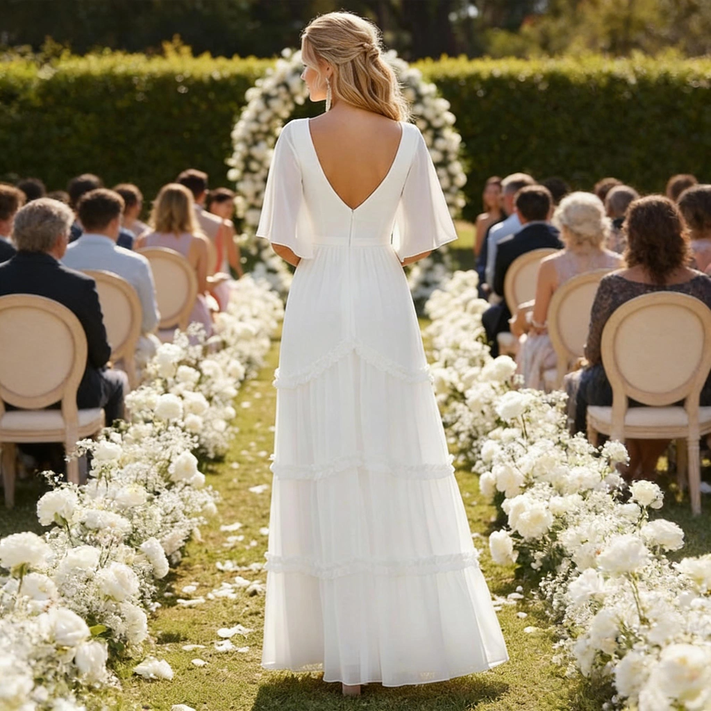 Second image of White Chiffon V-Neck Ruffled Tiered Ball Gown