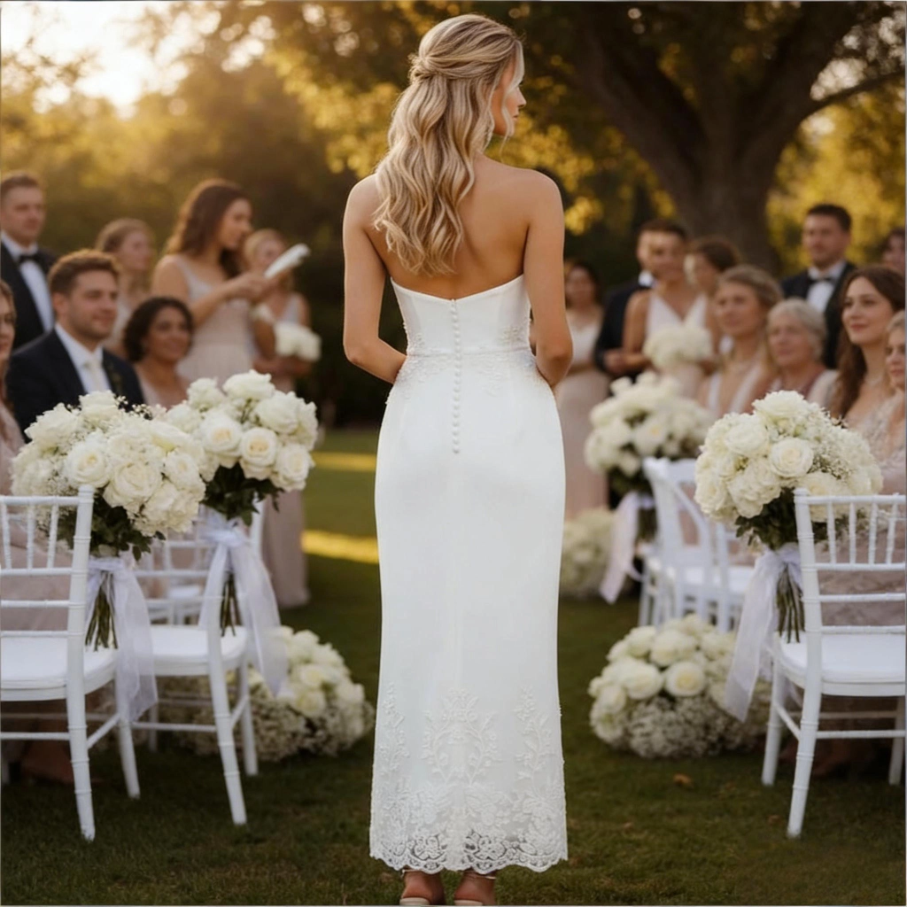 Second image of White satin strapless lace fitted mid-length wedding dress