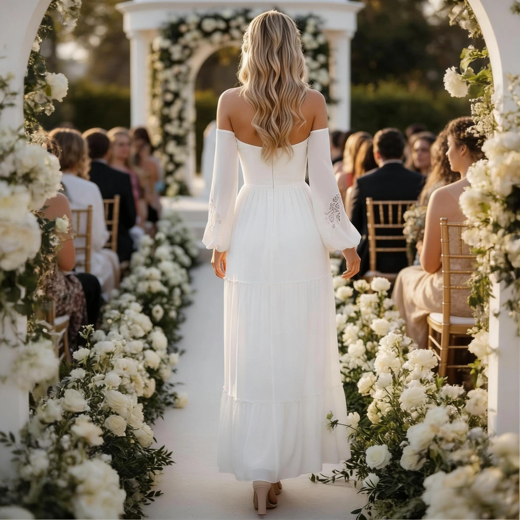 Second image of White chiffon layered skirt off-the-shoulder evening gown