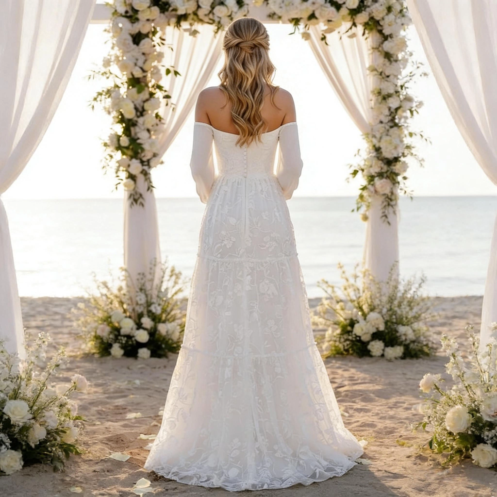 Second image of Lace-embroidered strapless beach wedding dress with train