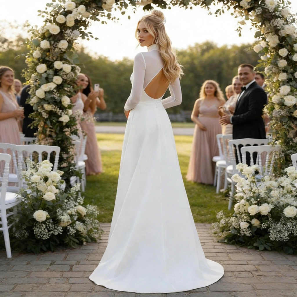 Second image of High-Neck Mesh Backless Satin Gown with Train