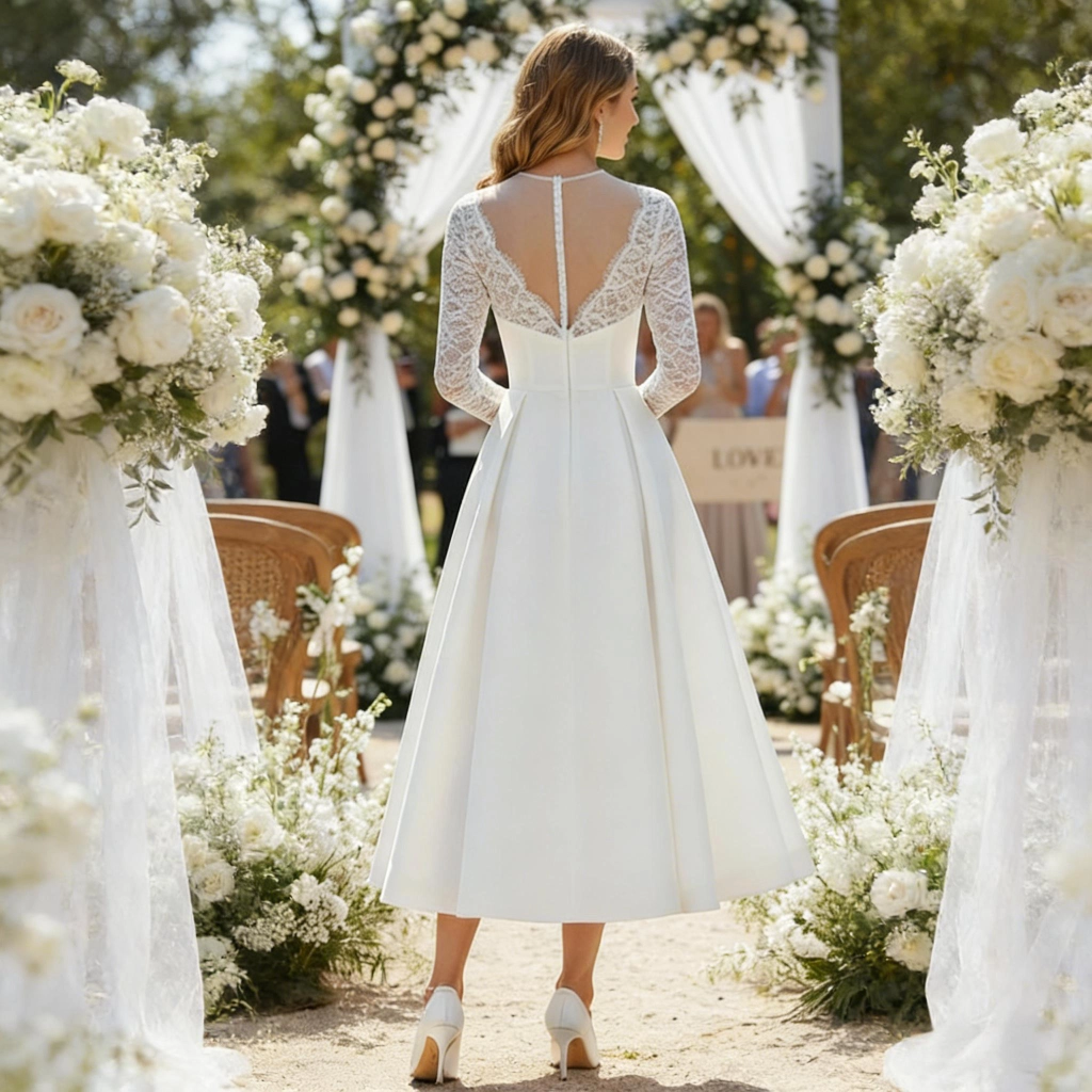 Second image of Lace Long-Sleeve Round-Neck Mid-Length Satin Wedding Dress