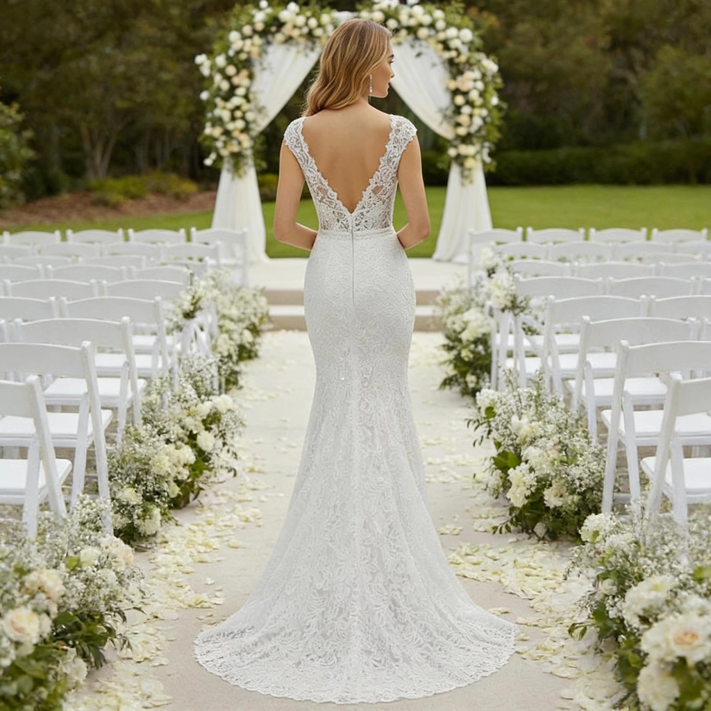 Second image of Full Lace Deep V-Neck Backless Mermaid Train Wedding Dress