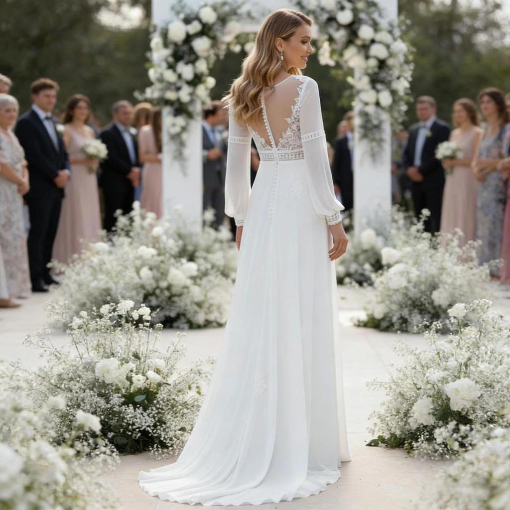 Second image of Lace V-neck long-sleeve flowing train lightweight wedding dress