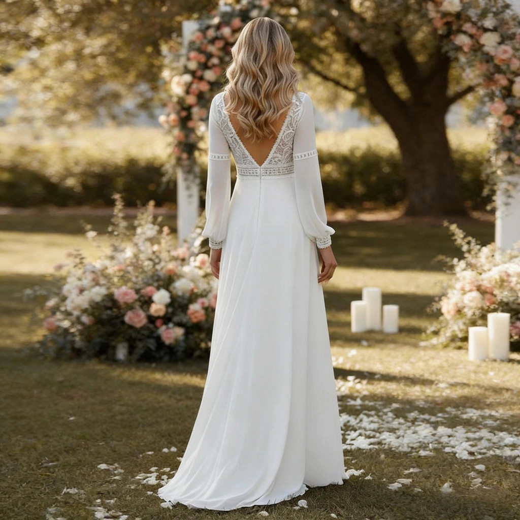 Second image of Lace V-neck Long-Sleeve Backless Outdoor Light Wedding Dress