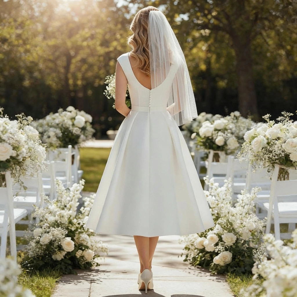 Second image of White short-length crew-neck backless wedding dress with veil