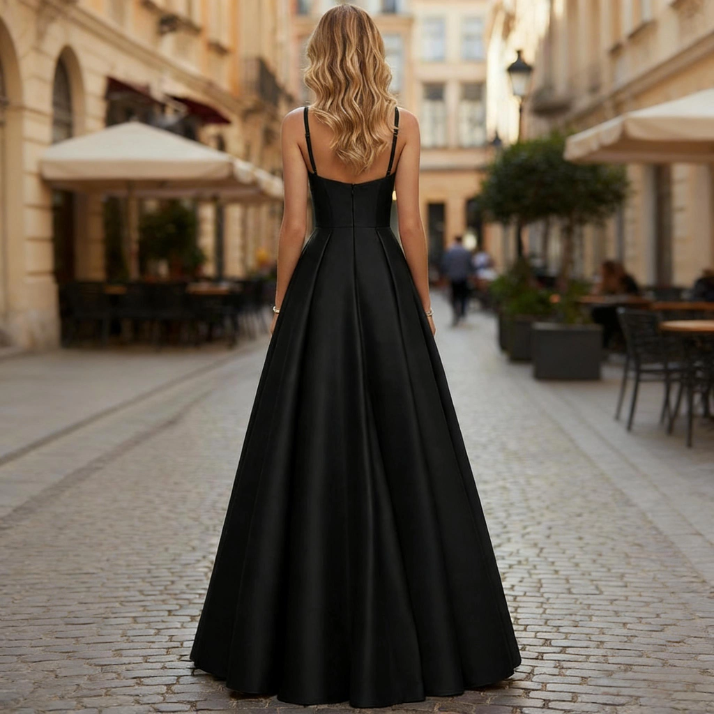 Second image of Black satin strapless ball gown with full skirt