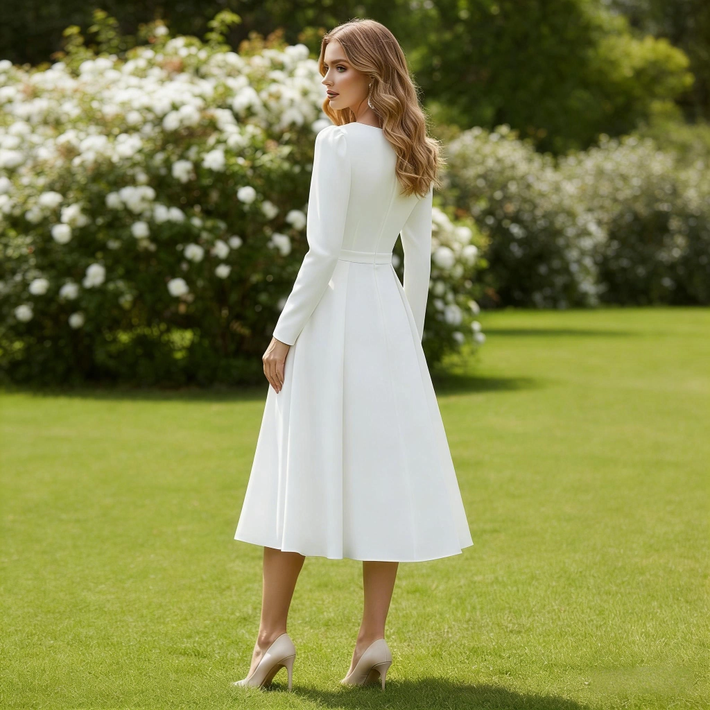 Second image of White satin long-sleeve crew neck midi-length formal dress