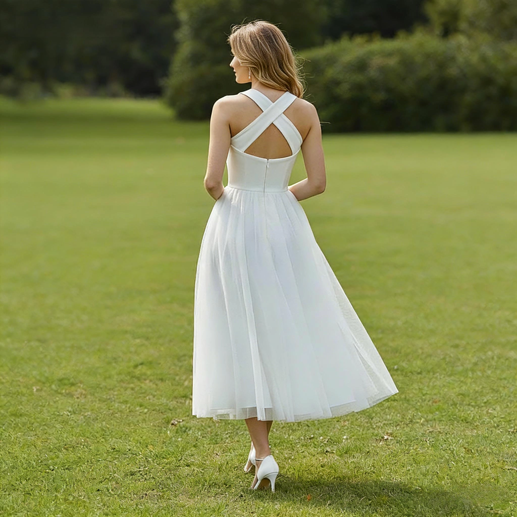 Second image of White Mesh Cross-Back Halter Neck Long-Length Evening Gown