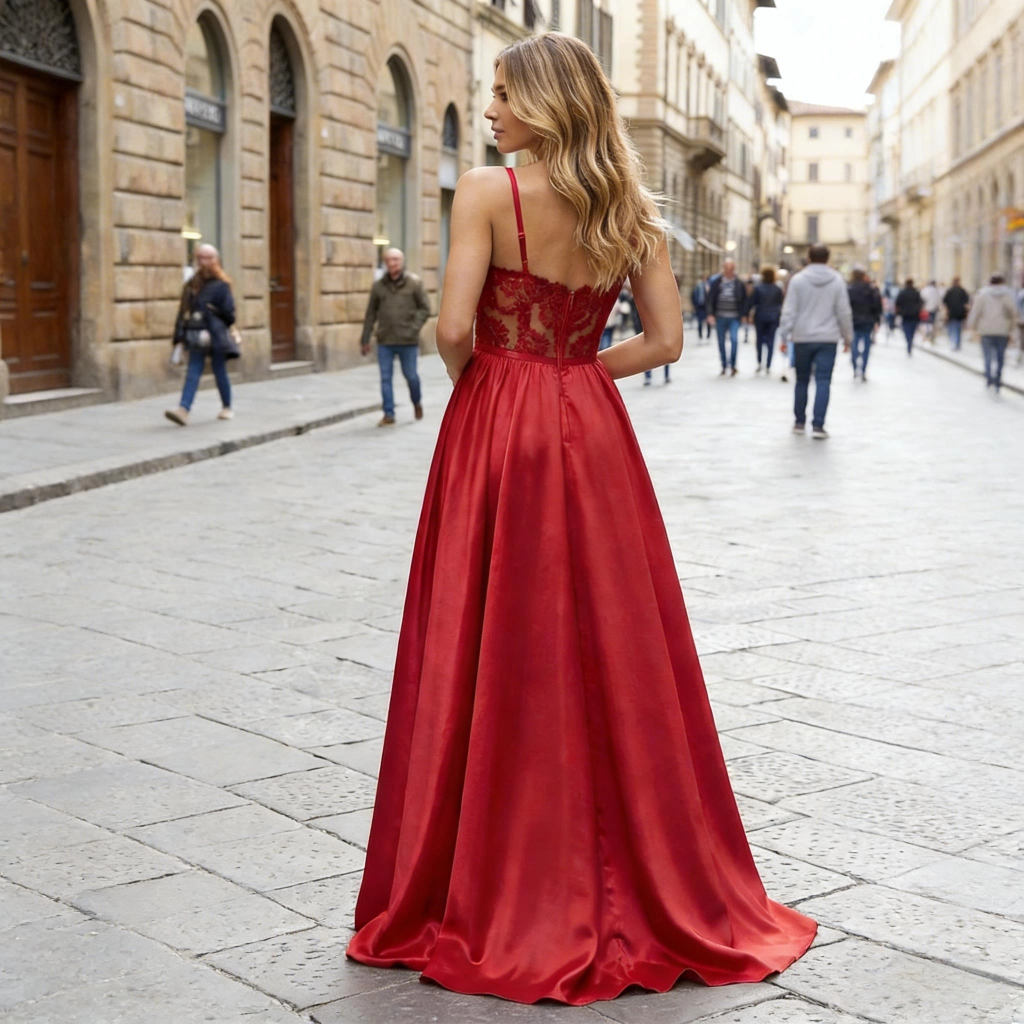 Second image of Burgundy Lace Satin Deep V-Neck Slit Evening Gown