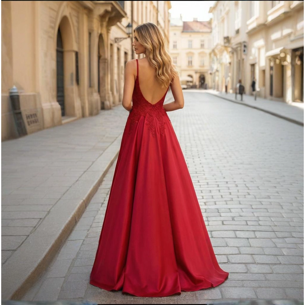 Second image of Burgundy Lace Satin Deep V-Neck Ball Gown