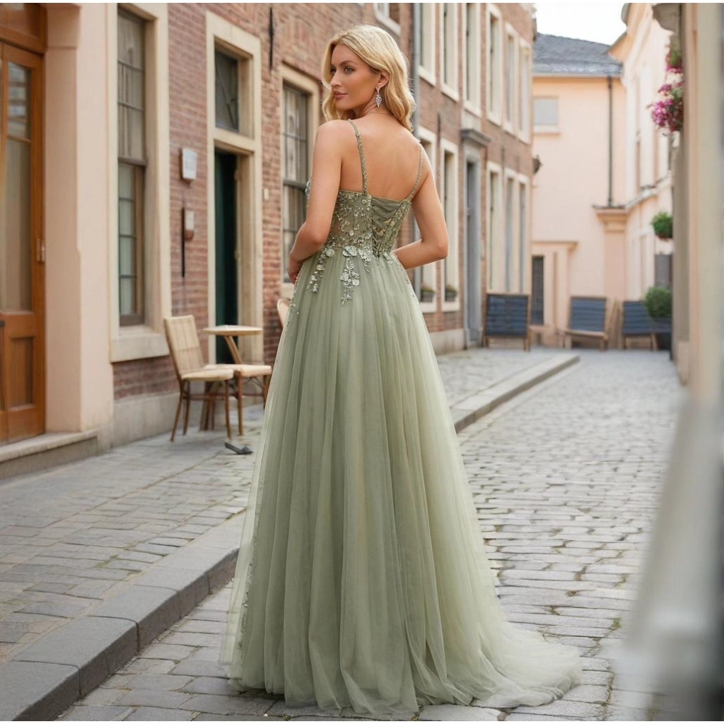 Second image of Charcoal-Green Mesh Embroidered Beaded Strapless Evening Gown
