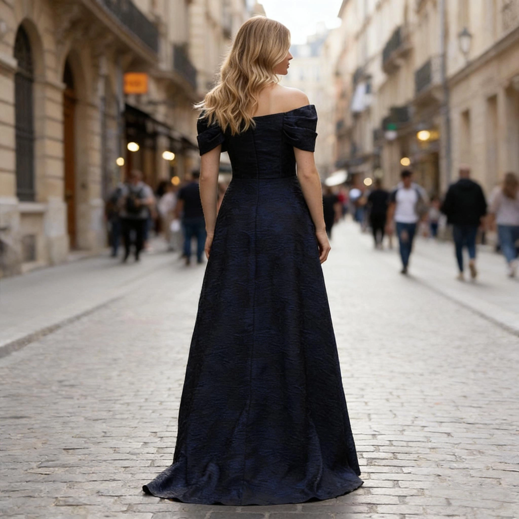 Second image of Navy blue one-shoulder gown with large bow and full skirt