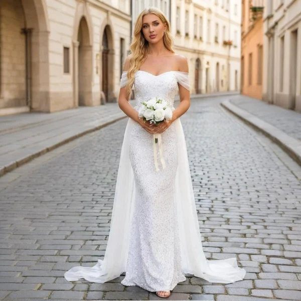 White sequin strapless wedding dress with detachable train