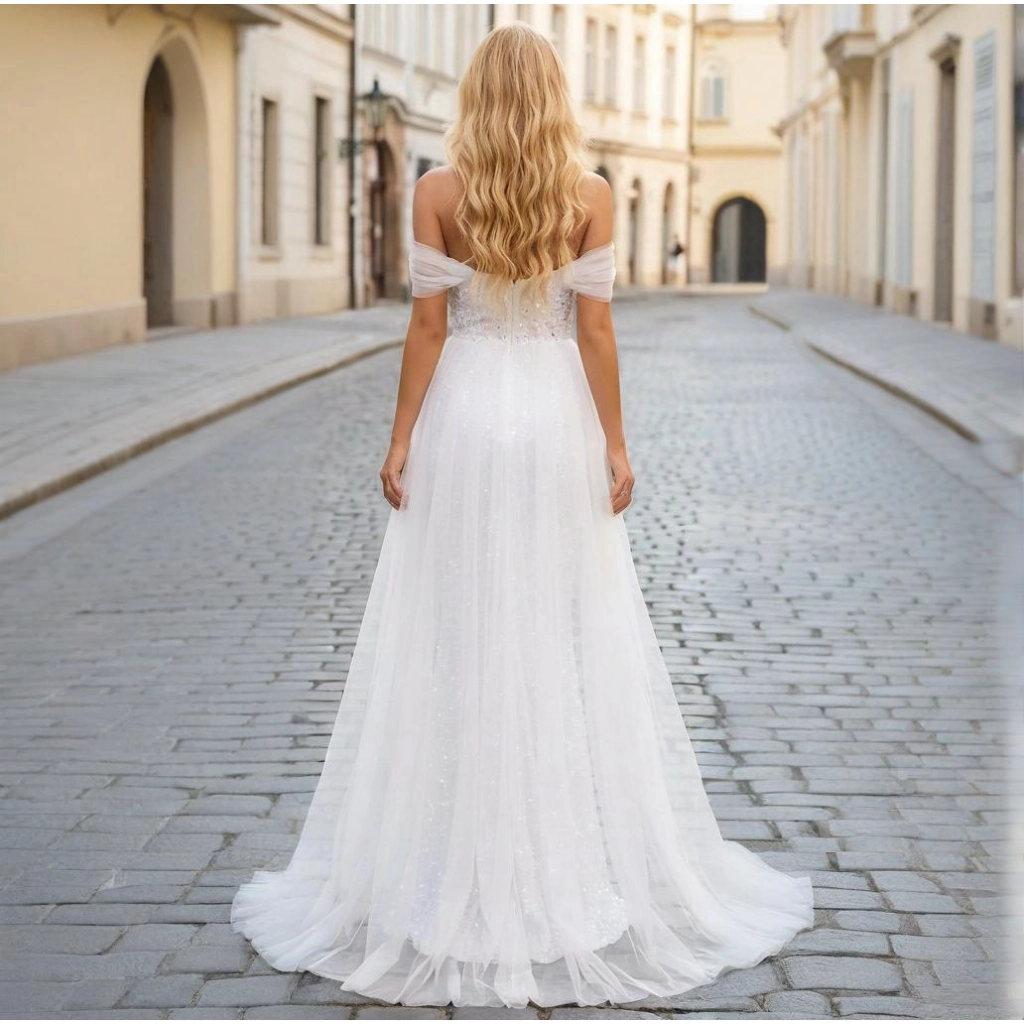Second image of White sequin strapless wedding dress with detachable train