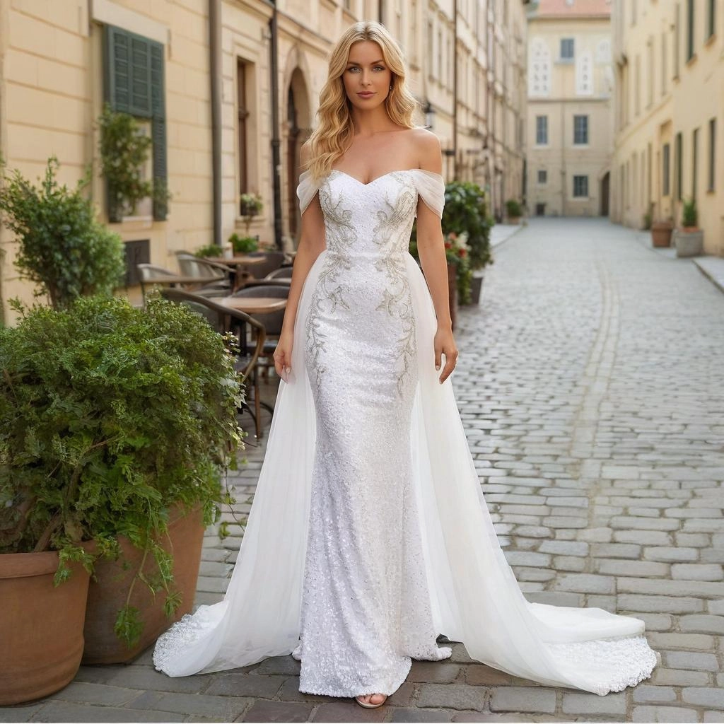 White sequin strapless embroidered train wedding dress