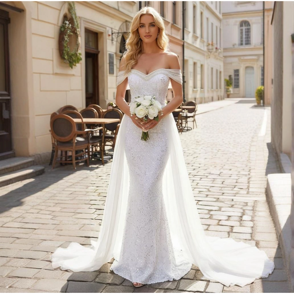 White sequin strapless wedding dress with detachable train