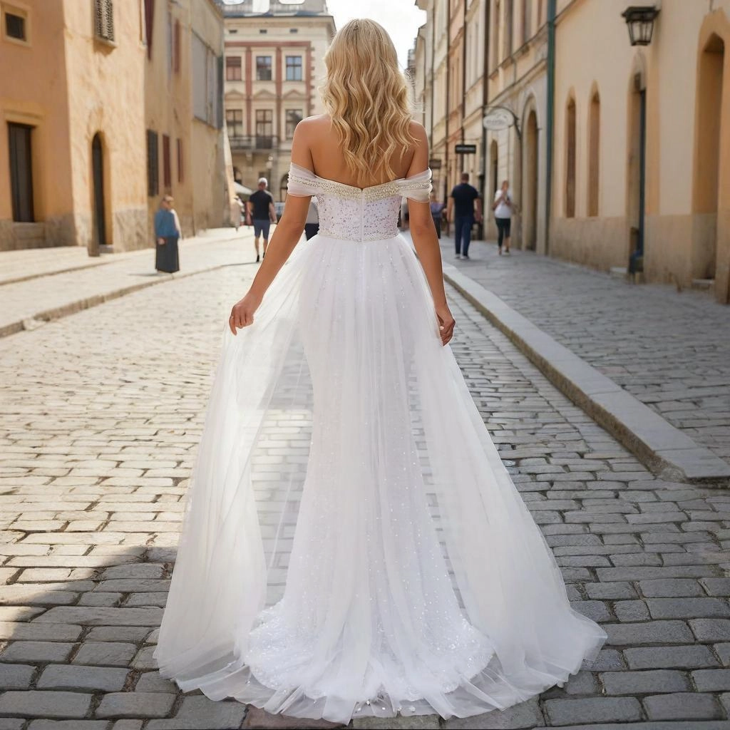 Second image of White sequin strapless wedding dress with detachable train