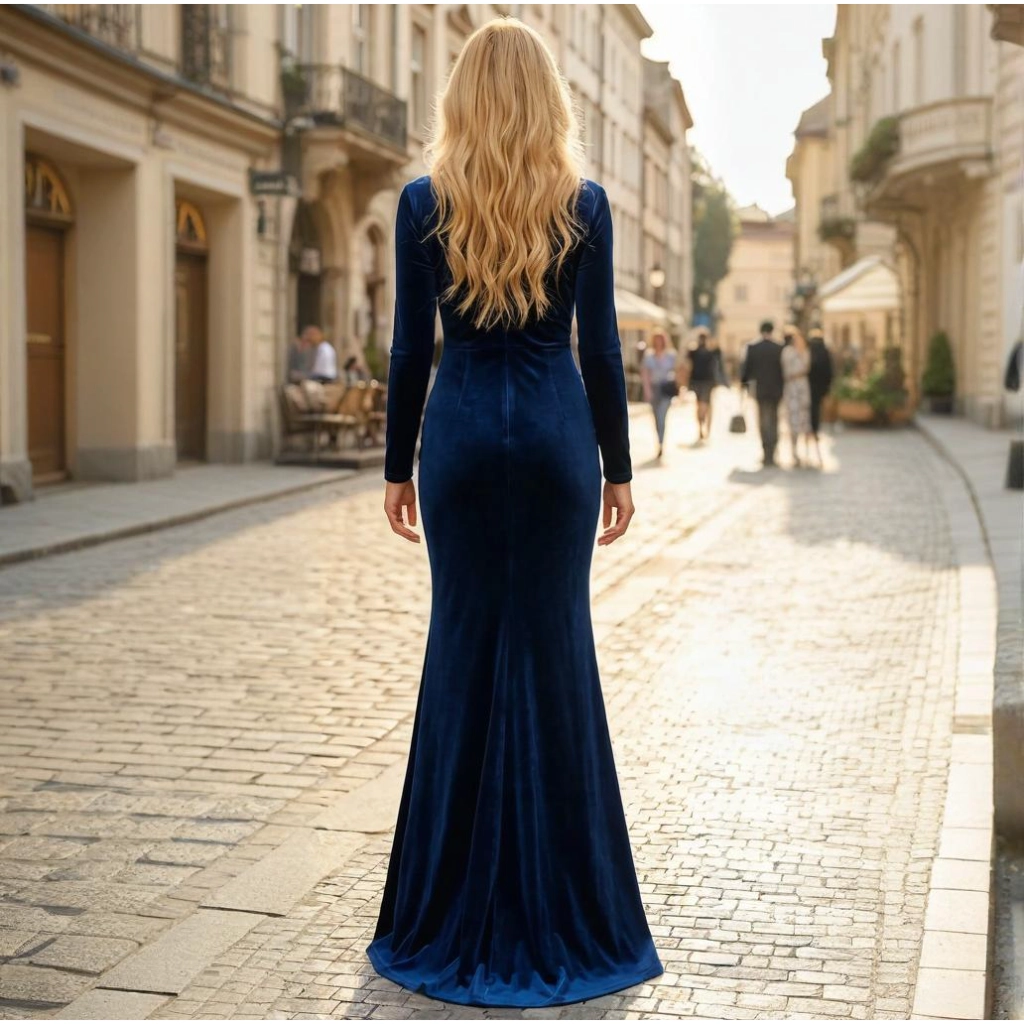 Second image of Navy Velvet Long-Sleeve V-Neck Fishtail Evening Gown