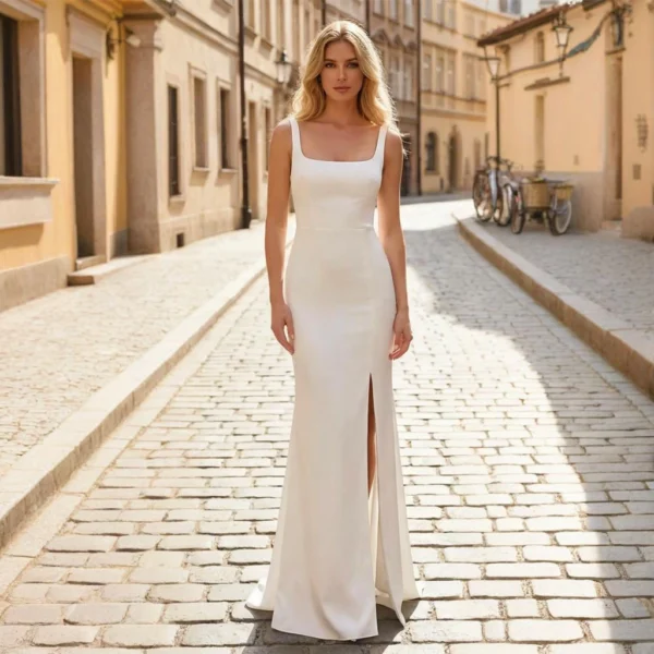 White satin square neckline mermaid wedding dress with slit