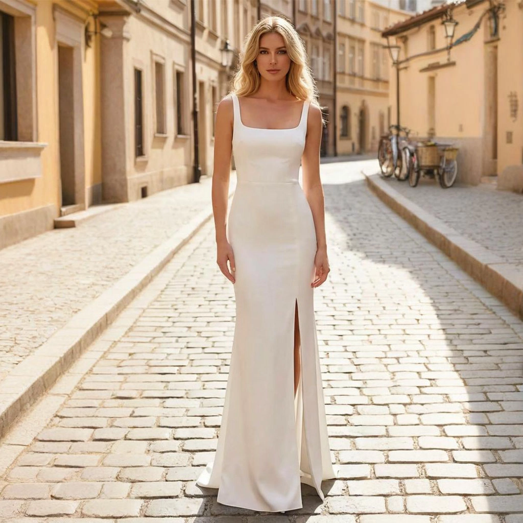 White satin square neckline mermaid wedding dress with slit