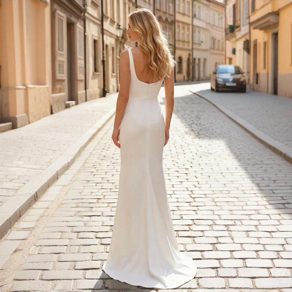 Second image of White satin square neckline mermaid wedding dress with slit