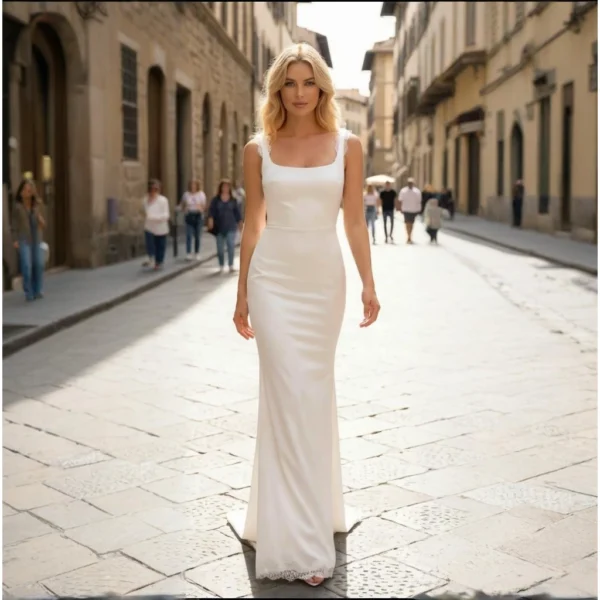 White satin square neckline lace-trimmed open-back wedding dress