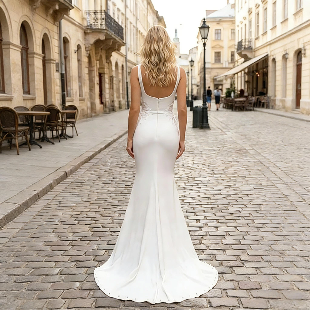 Second image of White satin square-neck embroidered train wedding dress