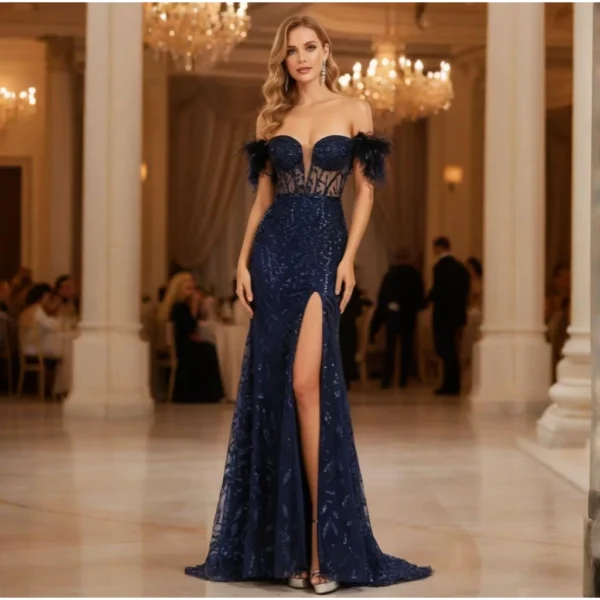 Navy Sequin Feather Strapless Split Fishtail Evening Gown