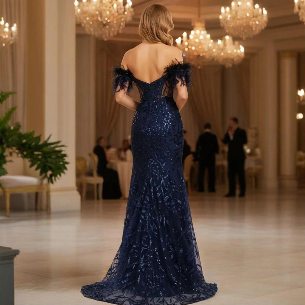 Second image of Navy Sequin Feather Strapless Split Fishtail Evening Gown