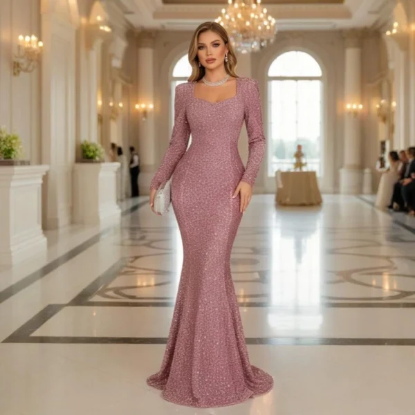 Nude Pink Sequin Long-Sleeve Square Neck Mermaid-Style Evening Gown