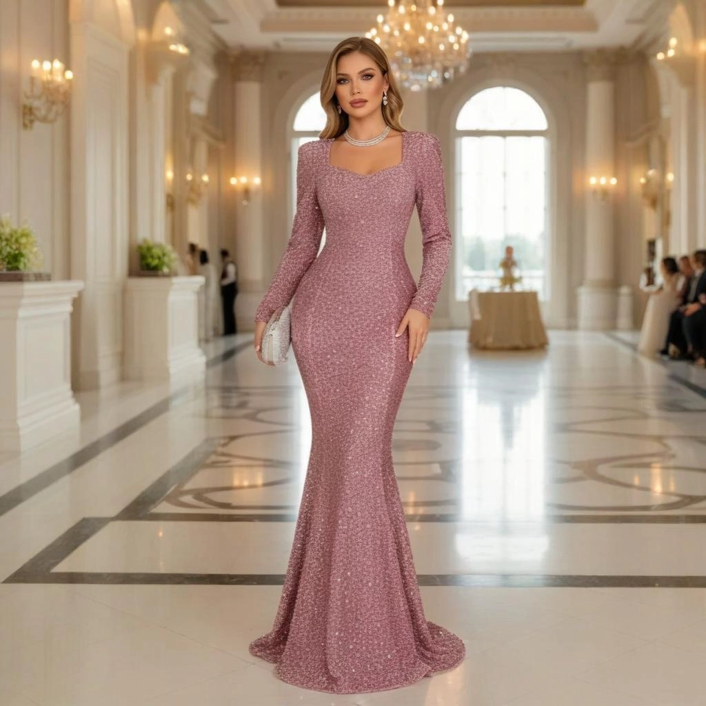 Nude Pink Sequin Long-Sleeve Square Neck Mermaid-Style Evening Gown